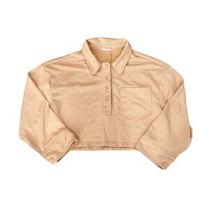 Cropped Tan Button Up Collared Sweatshirt Size L